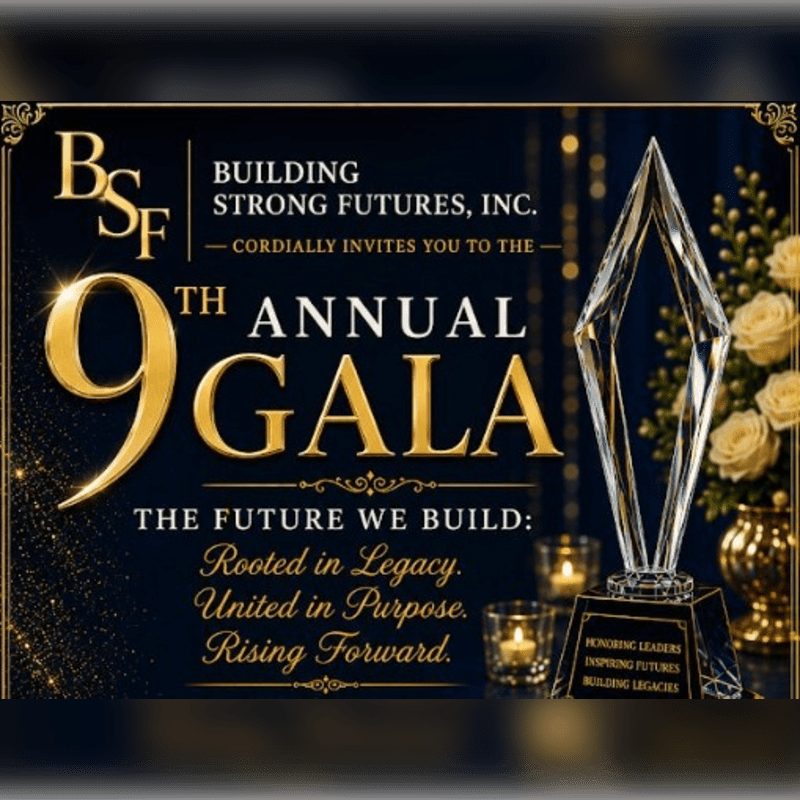 A crystal award stands on a table with lit candles in the foreground, while the background features a dark banner announcing the 9th Annual Gala for Building Strong Futures, Inc.