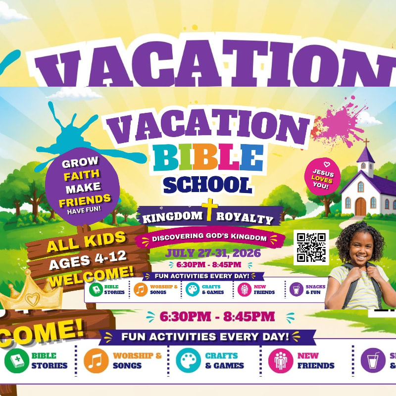 A vibrant poster for Vacation Bible School announces "Kingdom & Royalty" with a smiling child in the foreground and a cartoonish church in the background.