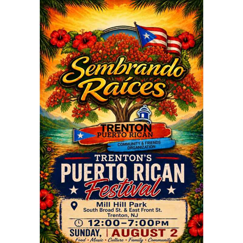 A vibrant poster for Trenton's Puerto Rican Festival features a lush tree with red blossoms and Puerto Rican flags in the background, while the foreground details event information like location, date, and time.