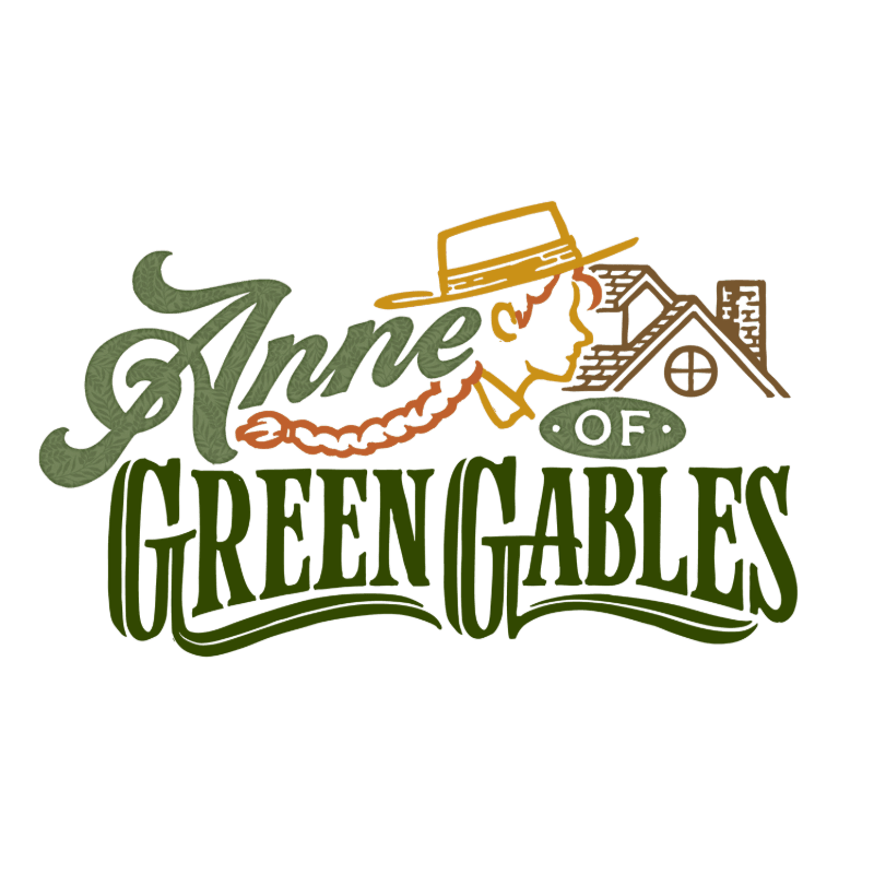 A stylized illustration features the title "Anne of Green Gables" in bold lettering in the foreground, with a profile of Anne wearing a hat and a braid, and a depiction of Green Gables in the background.