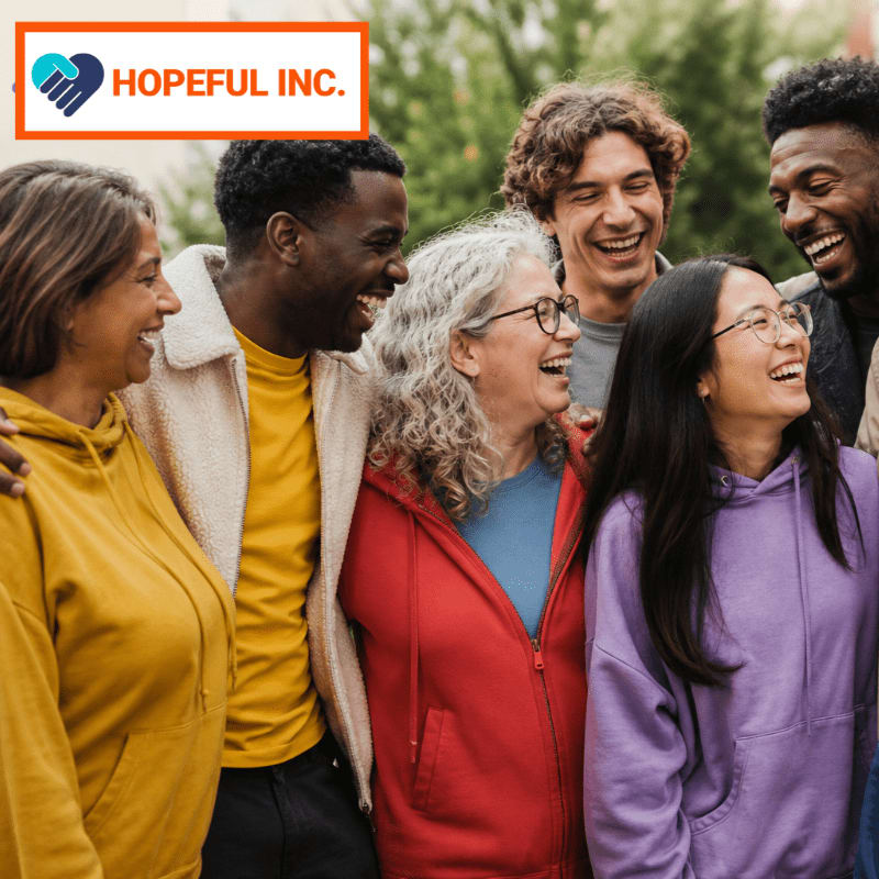 A diverse group of people laugh together in the foreground, with a blurred green background and the "HOPEFUL INC." logo in the upper left corner.