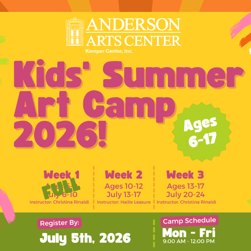A vibrant yellow poster for Anderson Arts Center's Kids' Summer Art Camp 2026, with colorful abstract brushstrokes in the background and detailed camp information in the foreground.