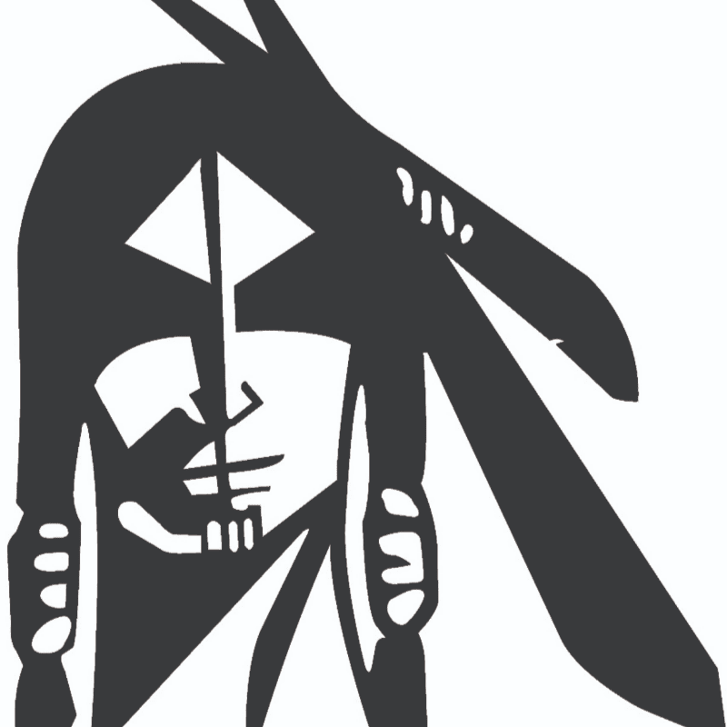 A stylized black and white illustration of a Native American warrior's face with feathers in their hair is set against a plain white background.
