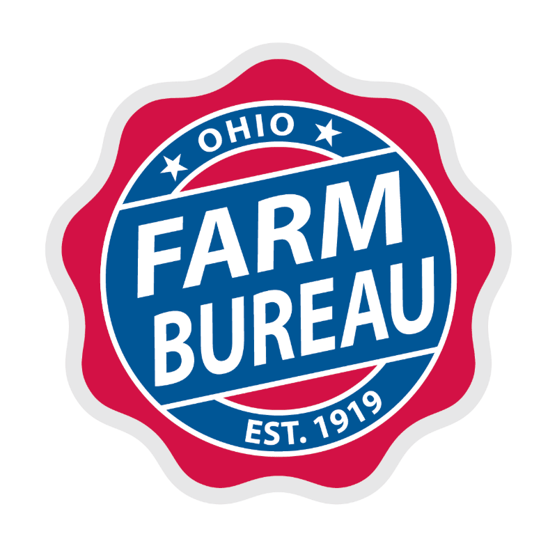 A red and white scalloped border frames a blue circle with white text reading "OHIO FARM BUREAU EST. 1919" against a white background.
