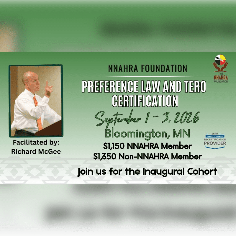 A man in a suit speaks at a podium in the foreground, while the background displays event details for a "Preference Law and TERO Certification" hosted by the NNAHRA Foundation.
