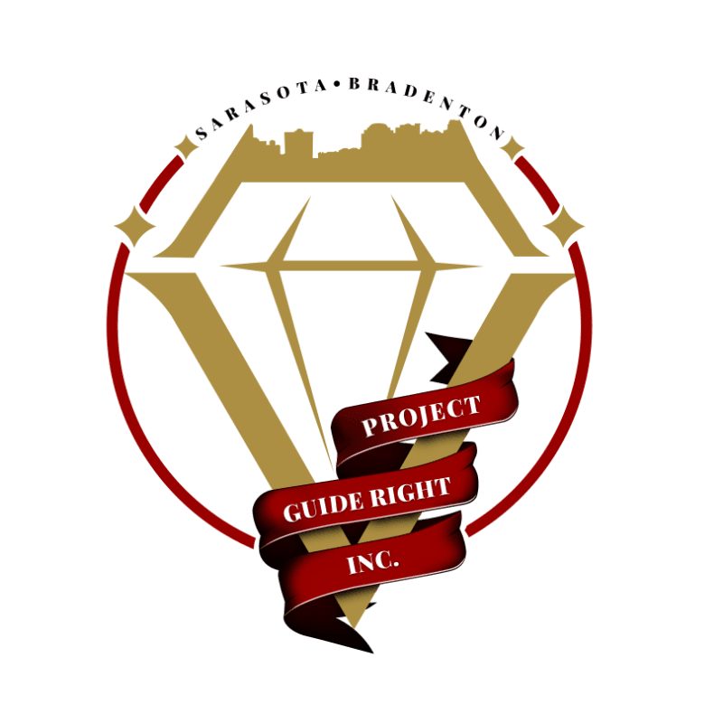 A red ribbon with "PROJECT GUIDE RIGHT INC." written on it is draped over a golden diamond shape with a city skyline in the background, all within a circular border.