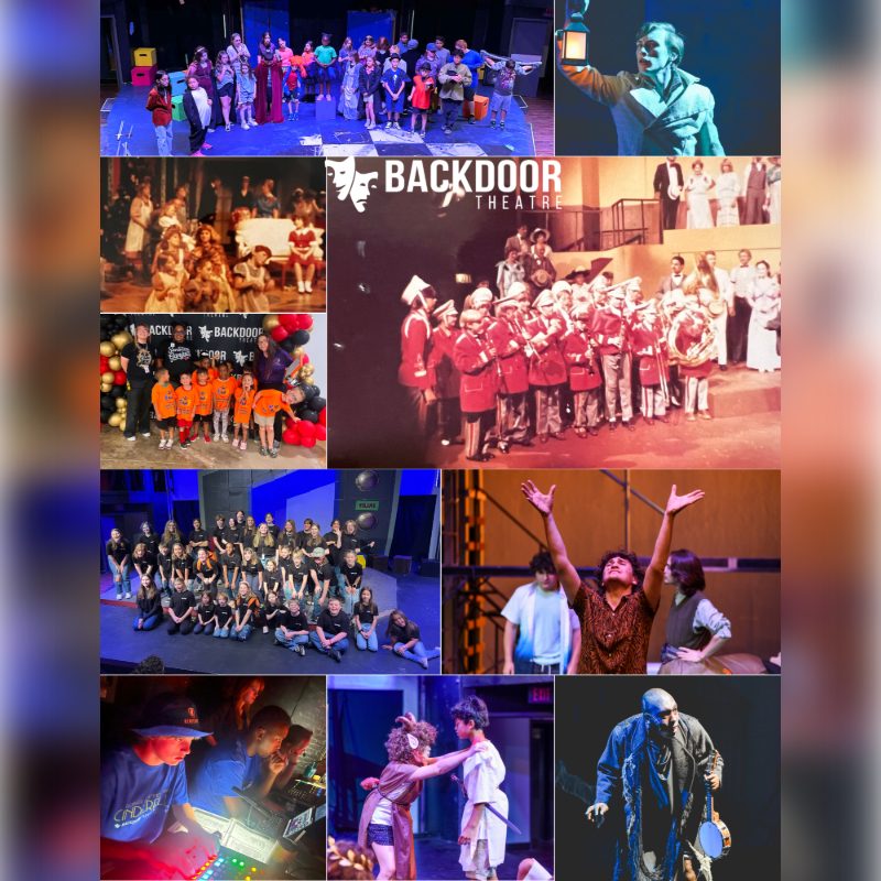 A collage of theatrical performances, with a group of actors on stage in the foreground and a diverse audience in the background of some scenes.