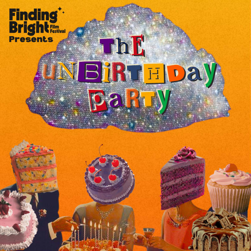 A vibrant, glittery cloud announces "The UnBirthday Party" above a table laden with surreal cakes and cupcakes, where figures with cakes for heads celebrate.