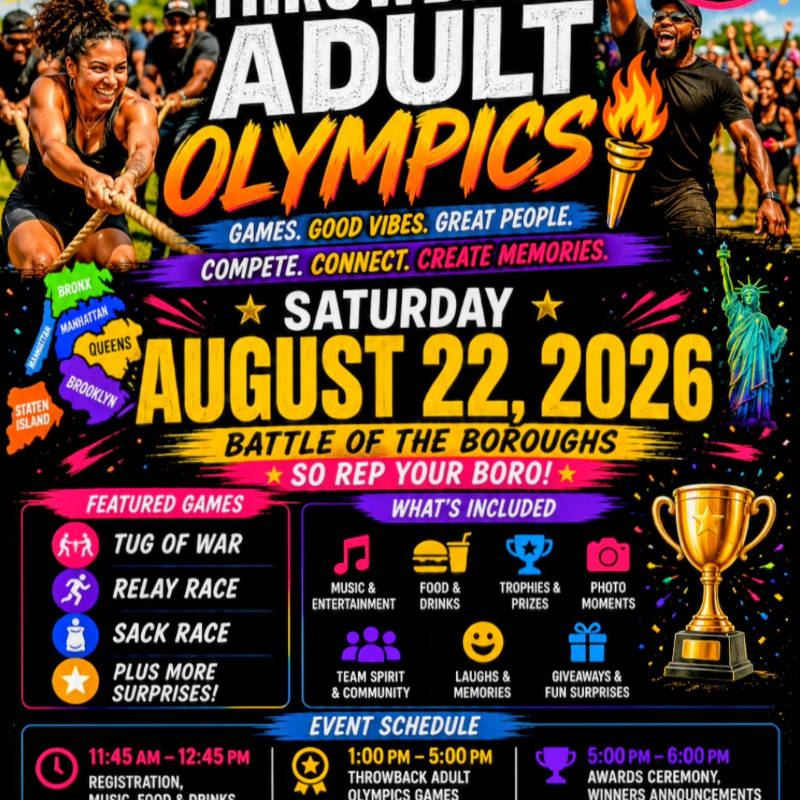 A vibrant poster for the "First Adult Olympics" on August 22, 2026, features a tug-of-war scene in the foreground and a stylized Statue of Liberty in the background.