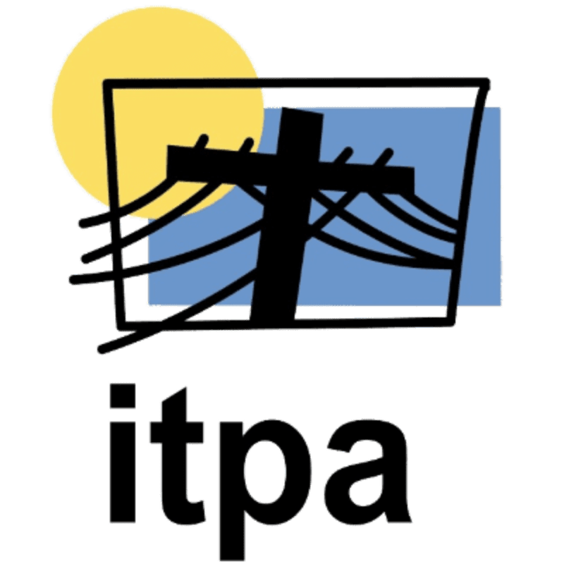 A black silhouette of a cross with power lines stretches across a yellow circle and blue rectangle in the background, with the text "itpa" below.