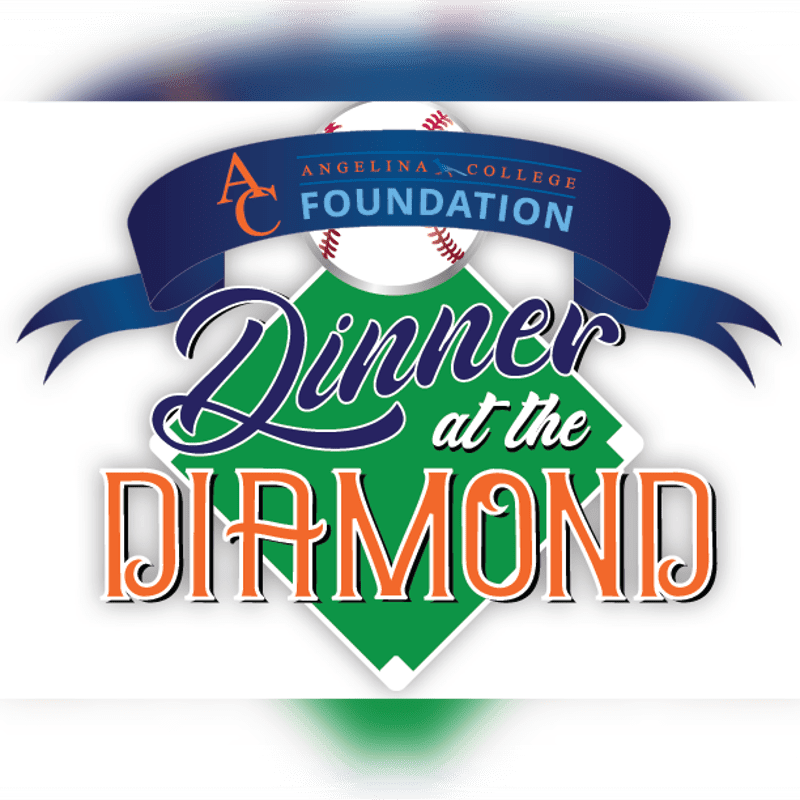 A baseball sits behind a blue ribbon with "Angelina College Foundation" written on it, above a green diamond shape with "Dinner at the Diamond" in large orange and green letters.