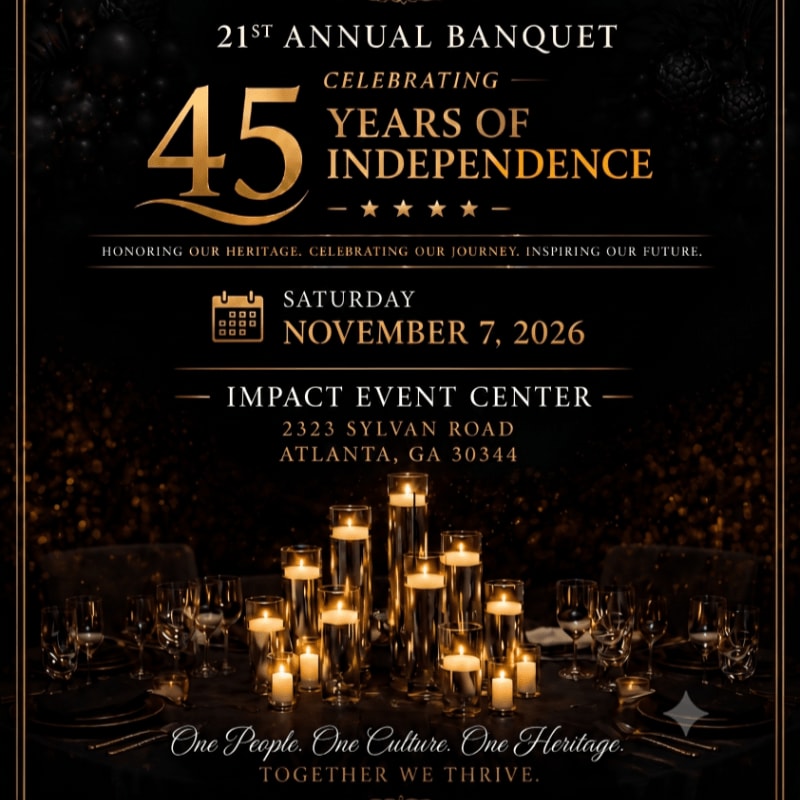 A formal banquet table set with glowing candles in the foreground is set against a dark background with text announcing the 21st Annual Banquet celebrating 45 Years of Independence.