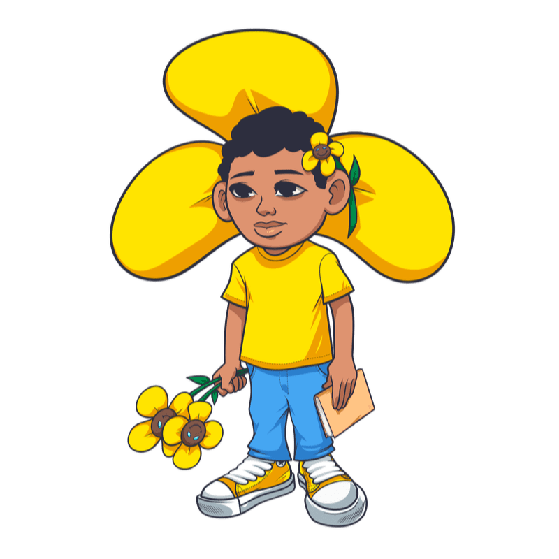 A young child with a large yellow flower headdress stands holding sunflowers and a book against a white background.