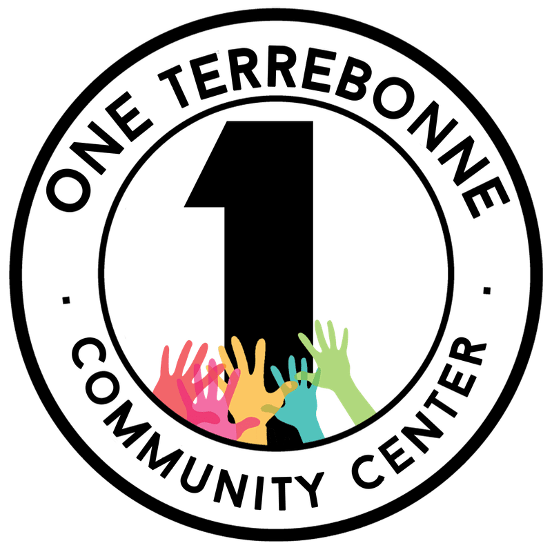 A black number one stands tall over colorful hands reaching up, all within a white circle bordered by text that reads "ONE TERREBONNE COMMUNITY CENTER."