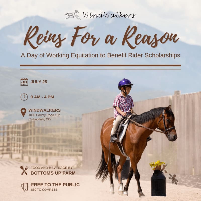A young rider on a horse in the foreground is set against a backdrop of mountains and a fence.