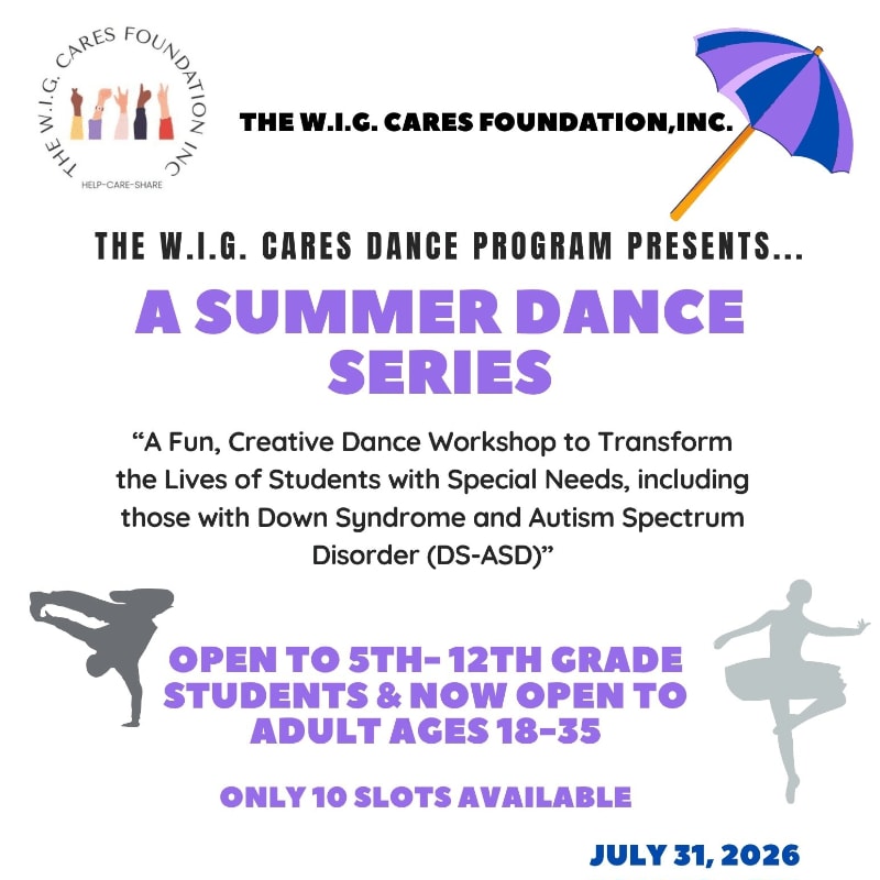 A purple umbrella and the W.I.G. Cares Foundation logo are in the background, while silhouettes of dancers and event details are in the foreground.
