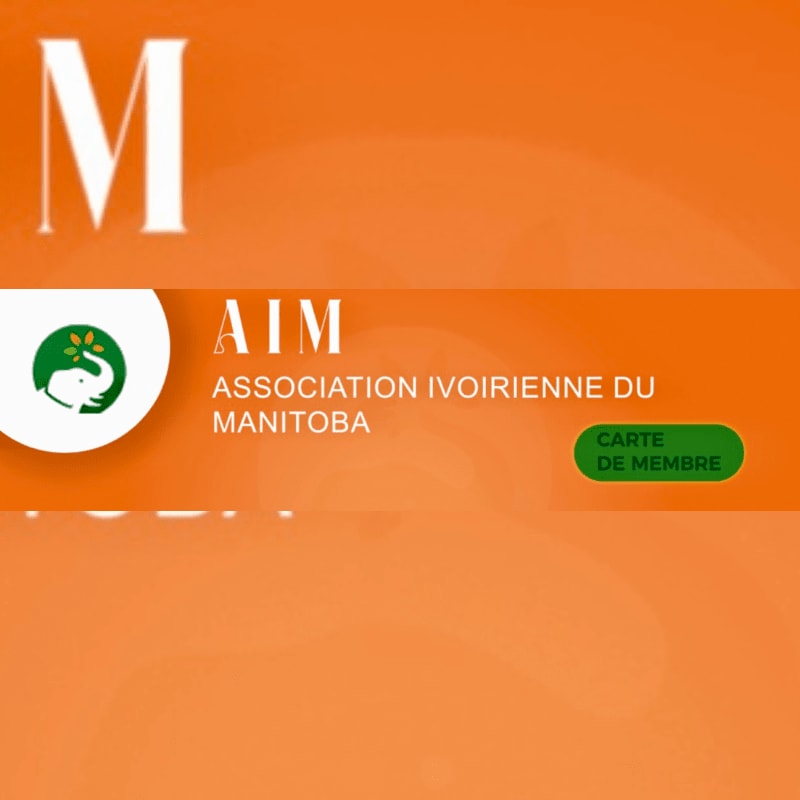 A white "M" is in the upper left corner of an orange background, with a white circle containing a green elephant logo and the text "AIM ASSOCIATION IVOIRIENNE DU MANITOBA" to its right, and a green "CARTE DE MEMBRE" button below.