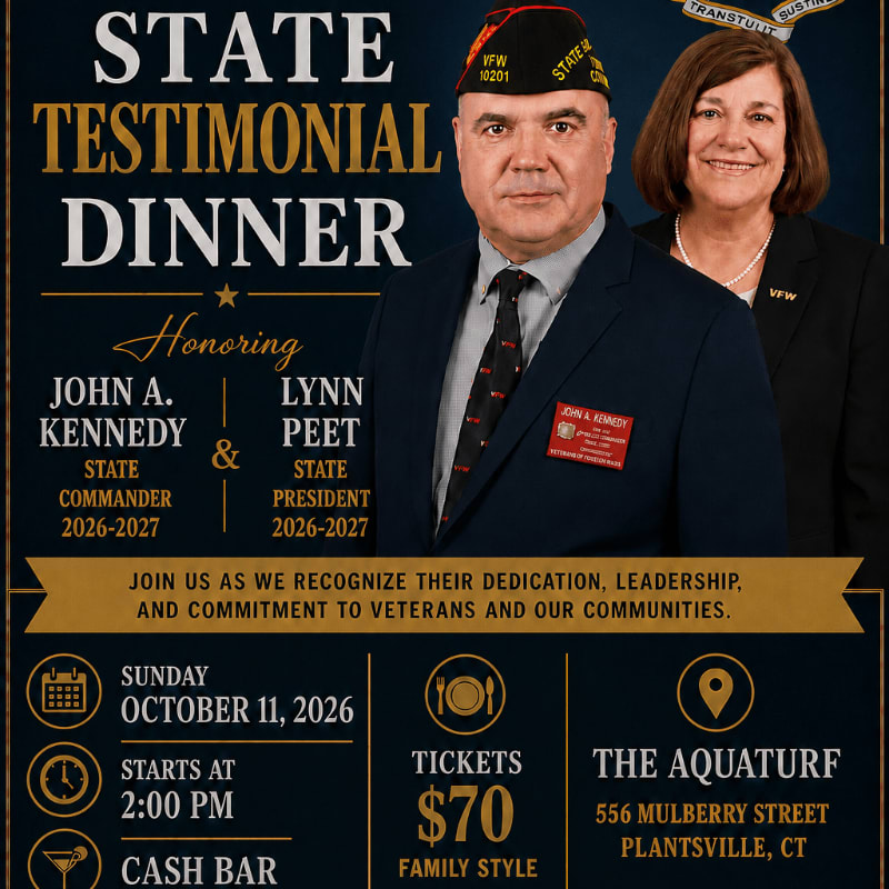 A formal invitation for a State Testimonial Dinner honoring John A. Kennedy and Lynn Peet features their portraits in the foreground against a dark background with event details.