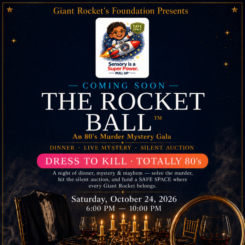 A formal dinner setting with a chandelier in the foreground is overlaid with a dark blue background featuring event details for "The Rocket Ball" gala.