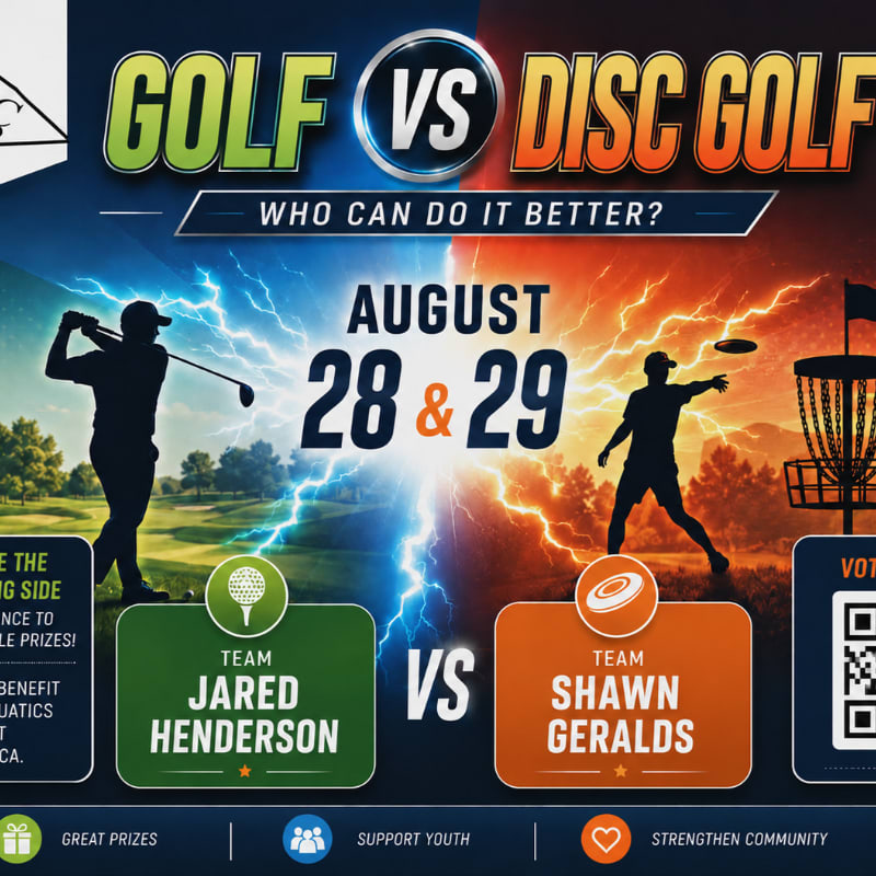 Silhouetted golfers swing clubs and throw discs against a backdrop of lightning and fire, with team names and event details prominently displayed.