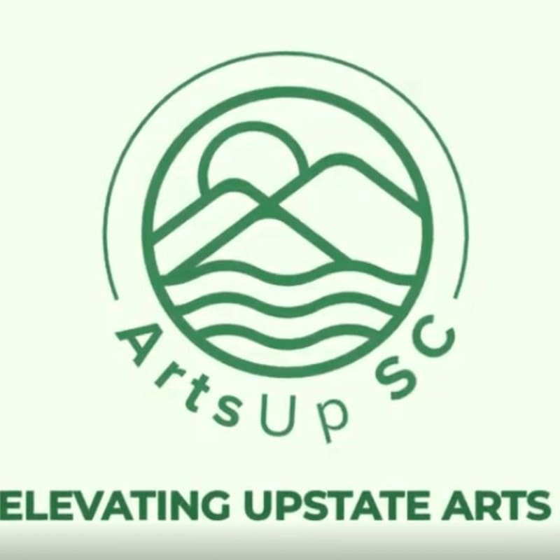 A green circular logo with mountains and waves in the foreground is set against a light green background with the text "ELEVATING UPSTATE ARTS" below.