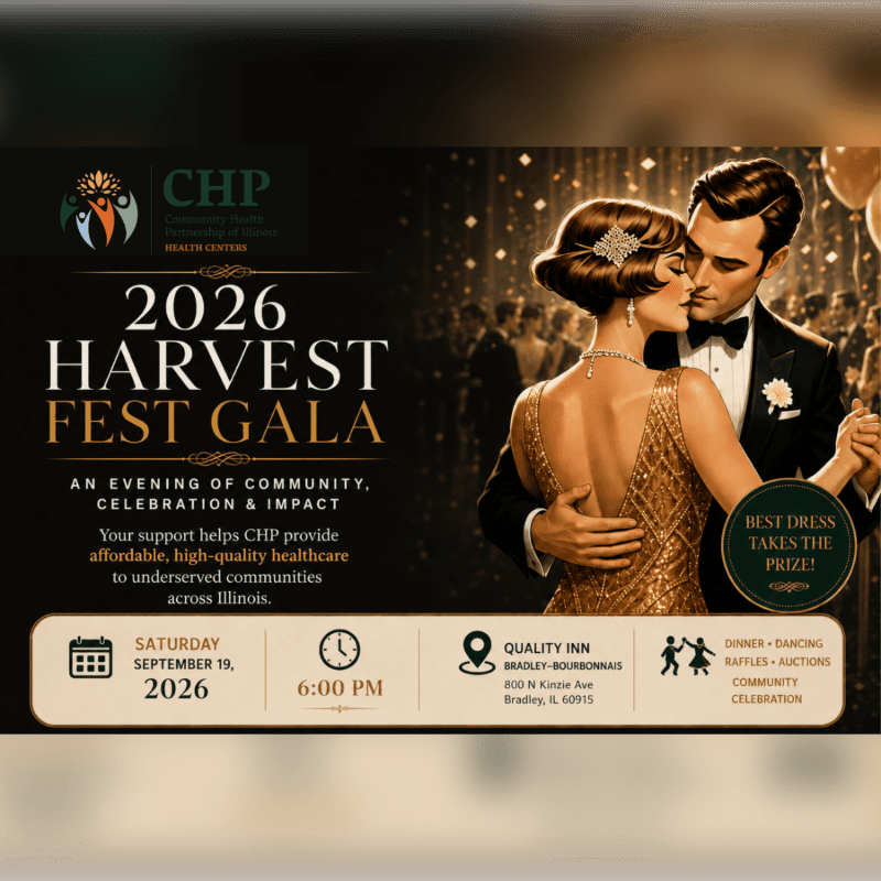 A glamorous couple dances at the 2026 Harvest Fest Gala, with event details and sponsor logos displayed on the left.