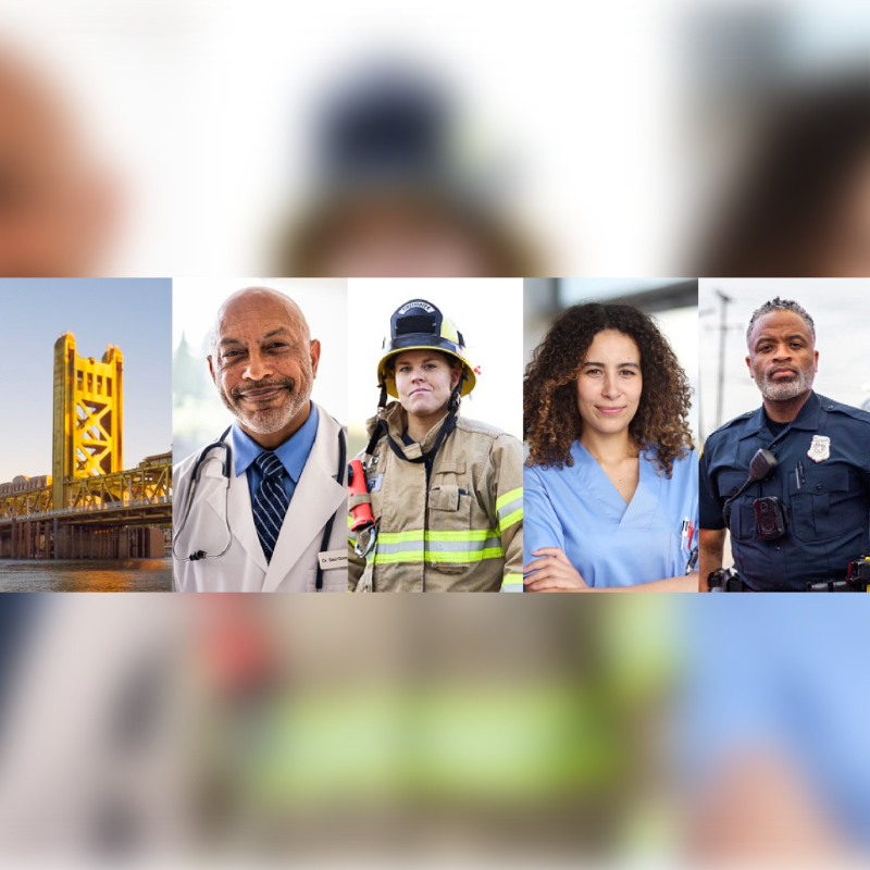 A collage features a bridge in the background and portraits of a doctor, firefighter, nurse, and police officer in the foreground.