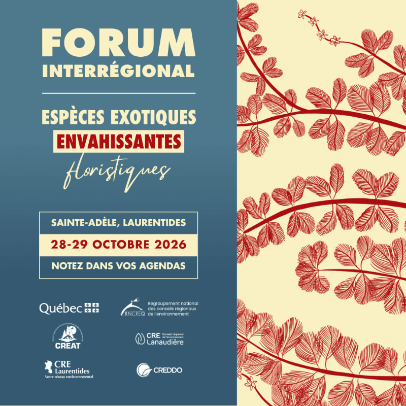 A poster for an interregional forum on invasive exotic plant species features text on the left and a red floral pattern on a cream background on the right.