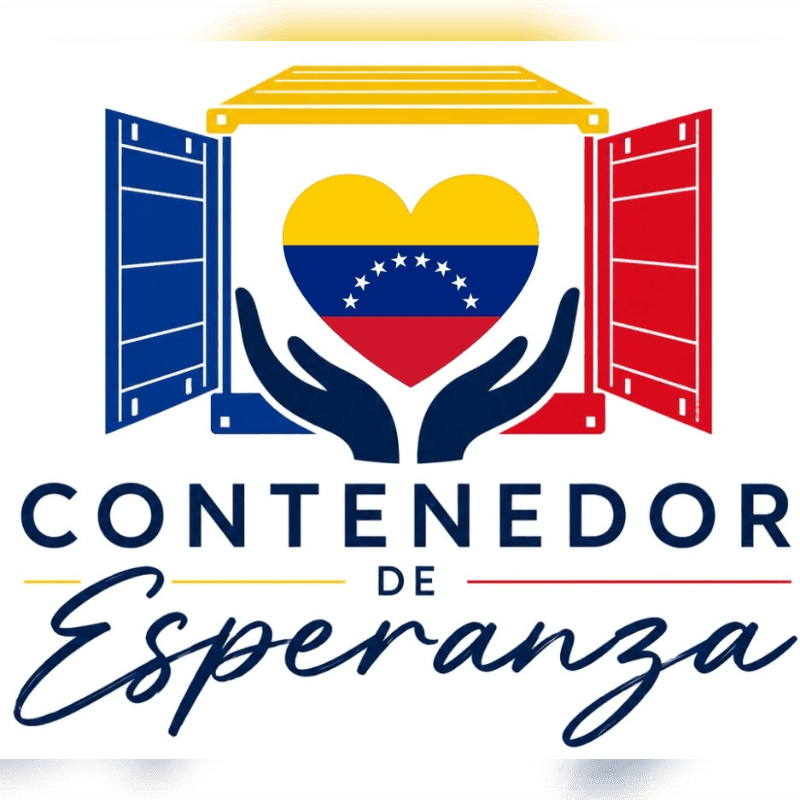 Open shipping container doors reveal hands holding a heart emblazoned with the Venezuelan flag, with the words "CONTENEDOR DE Esperanza" below.