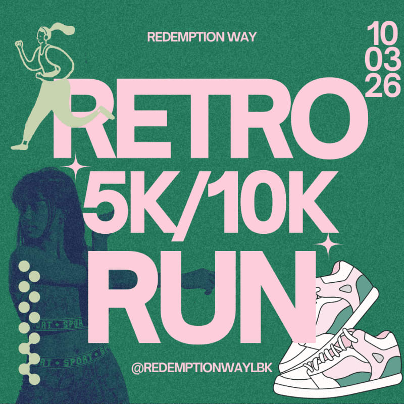 A retro-themed poster for a 5K/10K run features a stylized runner in the foreground and a pair of sneakers, all set against a green background with event details.