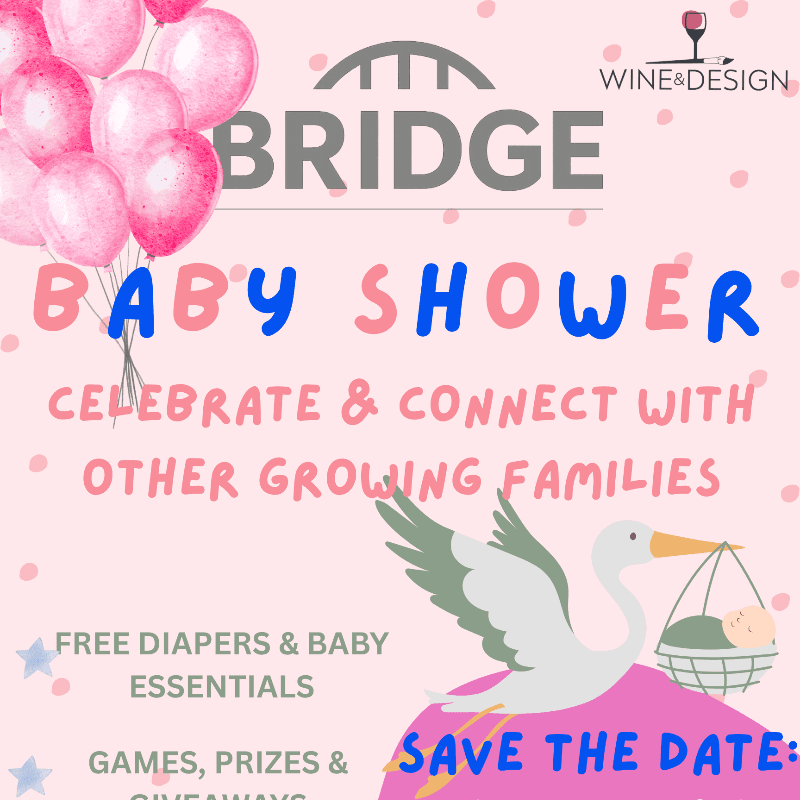 Pink balloons float above text announcing a baby shower, while a stork carrying a baby flies across a polka-dotted background.