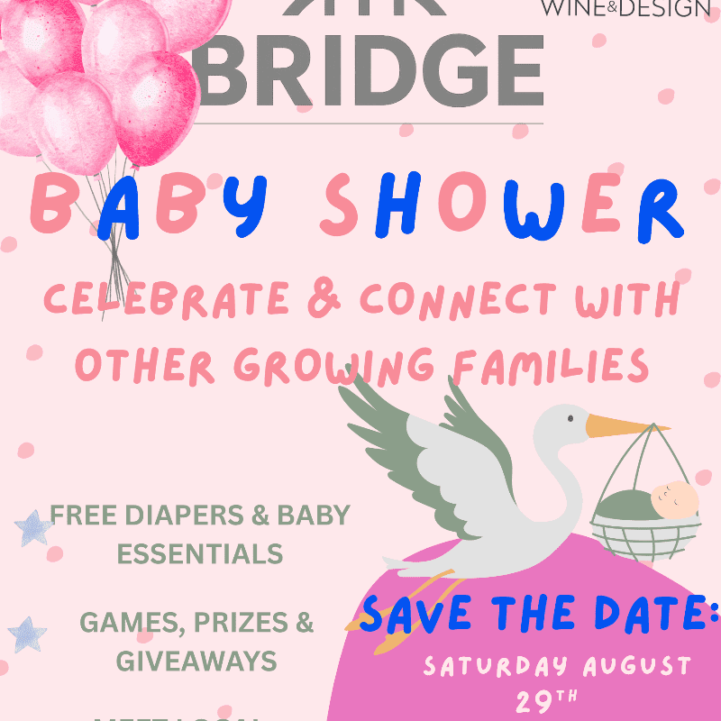 Pink balloons float above a "Baby Shower" invitation with a stork carrying a baby in the foreground, set against a pink polka-dotted background.
