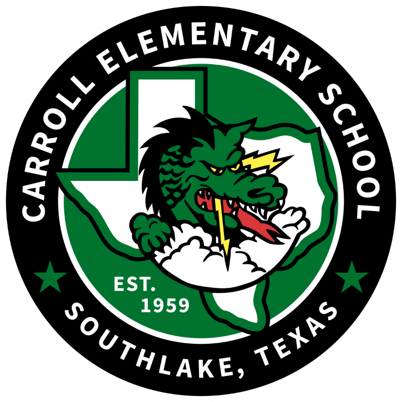 A green dragon with lightning bolts erupts from a white outline of Texas, set within a circular emblem for Carroll Elementary School in Southlake, Texas.