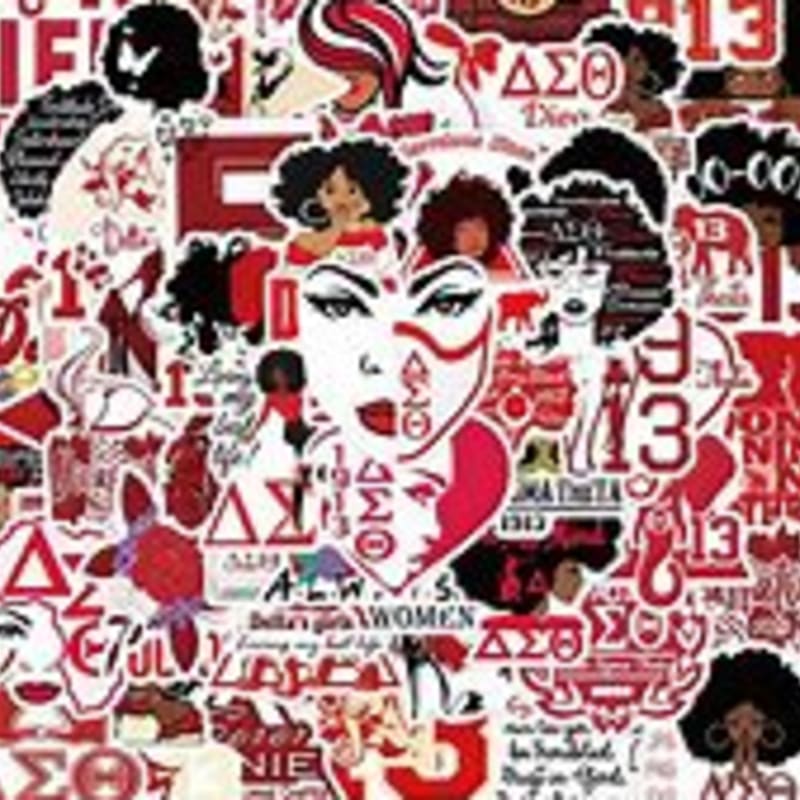 A collage of red and white stickers featuring Black women with afros, Greek letters, and inspirational text fills the frame.