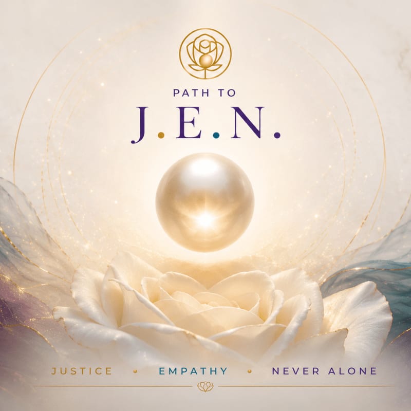 A luminous pearl hovers above a delicate white rose, set against a soft, ethereal background with glowing accents and the words "PATH TO J.E.N." and "JUSTICE EMPATHY NEVER ALONE."