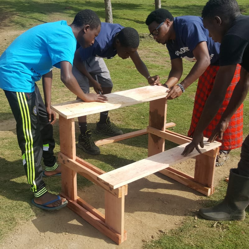 Four young people assemble a wooden structure outdoors on a grassy area with trees in the background.