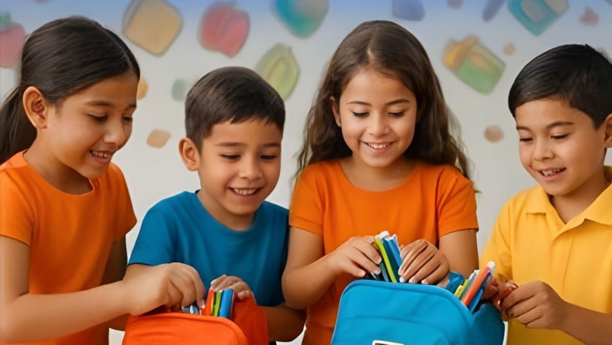 Four smiling children in the foreground are putting colorful pens and pencils into their backpacks, with a blurred background of colorful school supplies.
