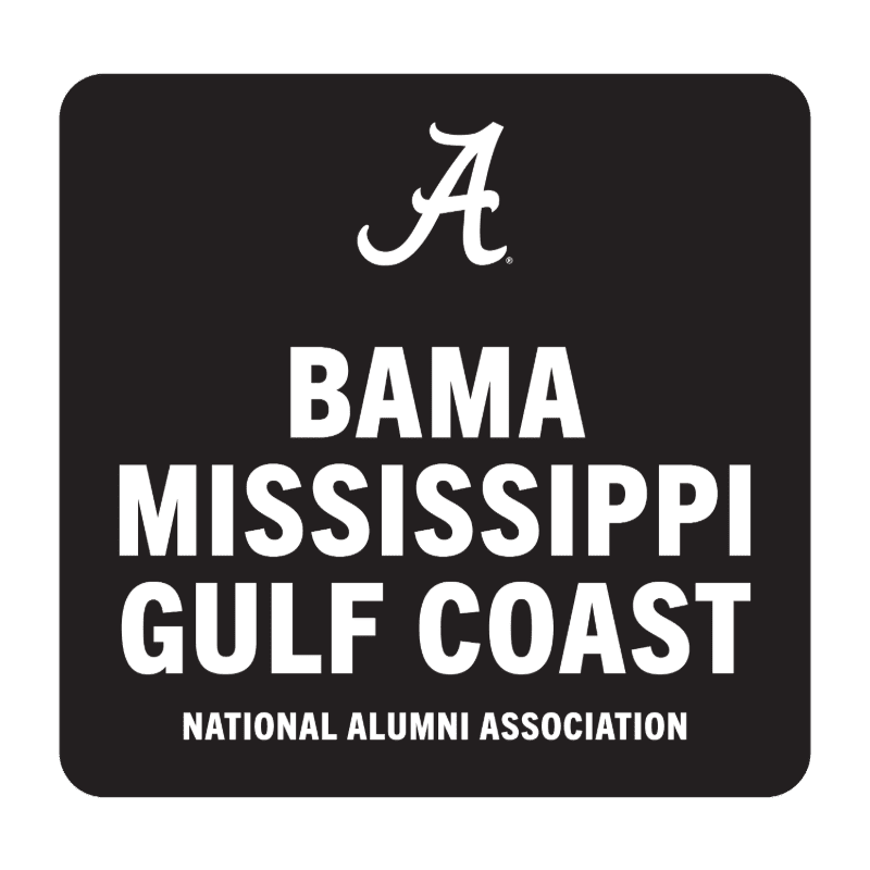 A white cursive "A" sits above bold white text reading "BAMA MISSISSIPPI GULF COAST NATIONAL ALUMNI ASSOCIATION" on a black square background with rounded corners.