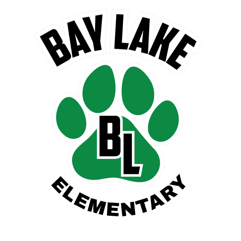 A green paw print with "BL" inside is centered on a white background, with "BAY LAKE" arched above and "ELEMENTARY" arched below.