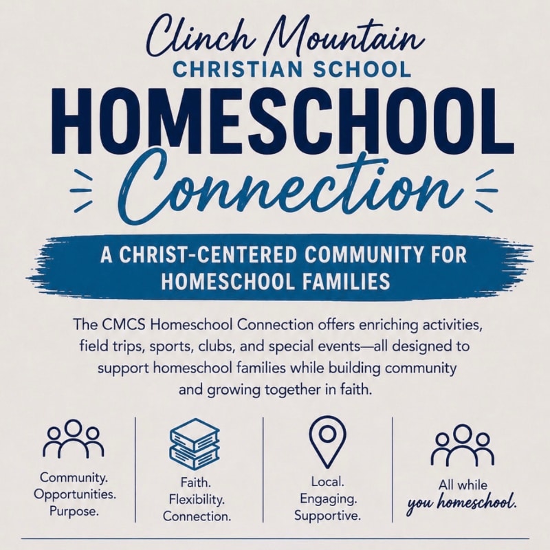 A light blue background features text about Clinch Mountain Christian School's Homeschool Connection, with four icons at the bottom representing community, faith, local engagement, and homeschooling.