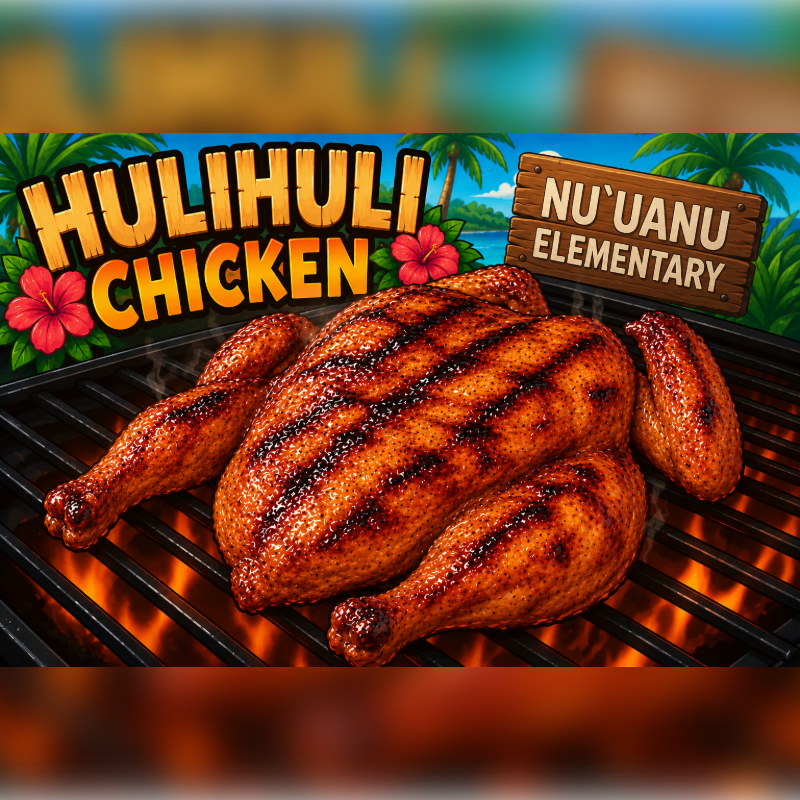 A whole grilled chicken with prominent grill marks sits on a barbecue grate over flames in the foreground, while a tropical beach scene with palm trees and a sign reading "NU'UANU ELEMENTARY" is visible in the background.