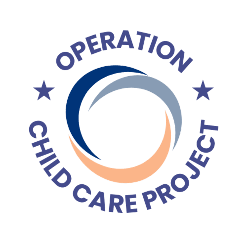 A circular logo with the words "OPERATION CHILD CARE PROJECT" encircling a swirling design of blue, gray, and orange arcs, with two blue stars on either side, all set against a white background.