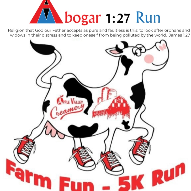 A cartoon cow wearing sneakers and a logo for "Abogar 1:27 Run" and "Farm Fun - 5K Run" is in the foreground, with a Bible verse about religion in the background.