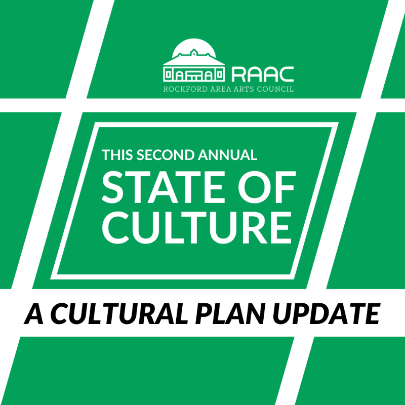 A green background with white diagonal lines frames text announcing the "Second Annual State of Culture: A Cultural Plan Update" and the Rockford Area Arts Council logo.