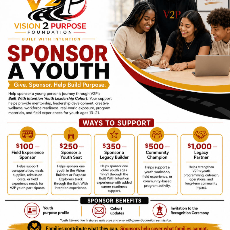 In the foreground, a graphic displays sponsorship levels and benefits for a youth program, while the background shows three smiling young people collaborating at a table.