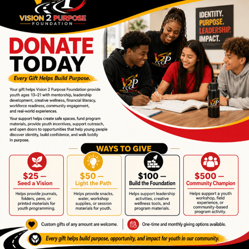 In the foreground, four smiling young people are gathered around a table with books and a water bottle, while the background features bold text promoting donations to the Vision 2 Purpose Foundation.