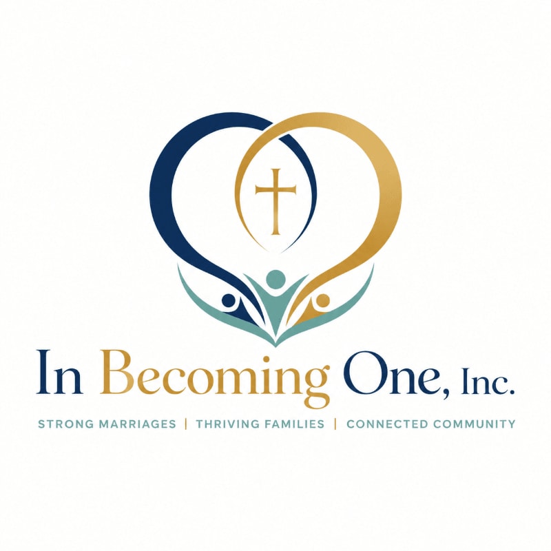 A logo featuring a heart formed by two intertwined loops, with a cross at the top and stylized figures at the bottom, is set against a white background, with the text "In Becoming One, Inc." and a tagline below.
