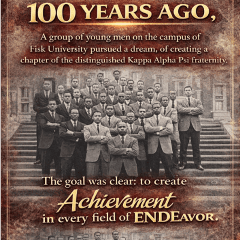 A sepia-toned photograph of a large group of young men in suits standing on steps in front of a building, with text above and below celebrating 100 years of Kappa Alpha Psi fraternity at Fisk University.