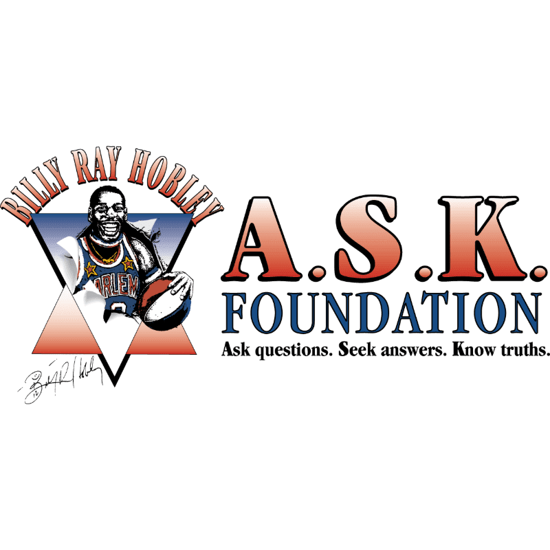 A stylized logo features a basketball player in the foreground, with the words "A.S.K. FOUNDATION" and a tagline in the background.