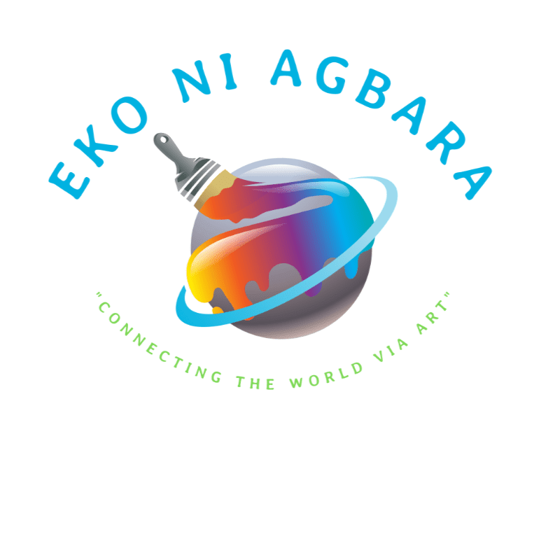 A paintbrush drips colorful paint onto a globe encircled by a light blue ring, with the text "EKO NI AGBARA" arching above and "CONNECTING THE WORLD VIA ART" below.